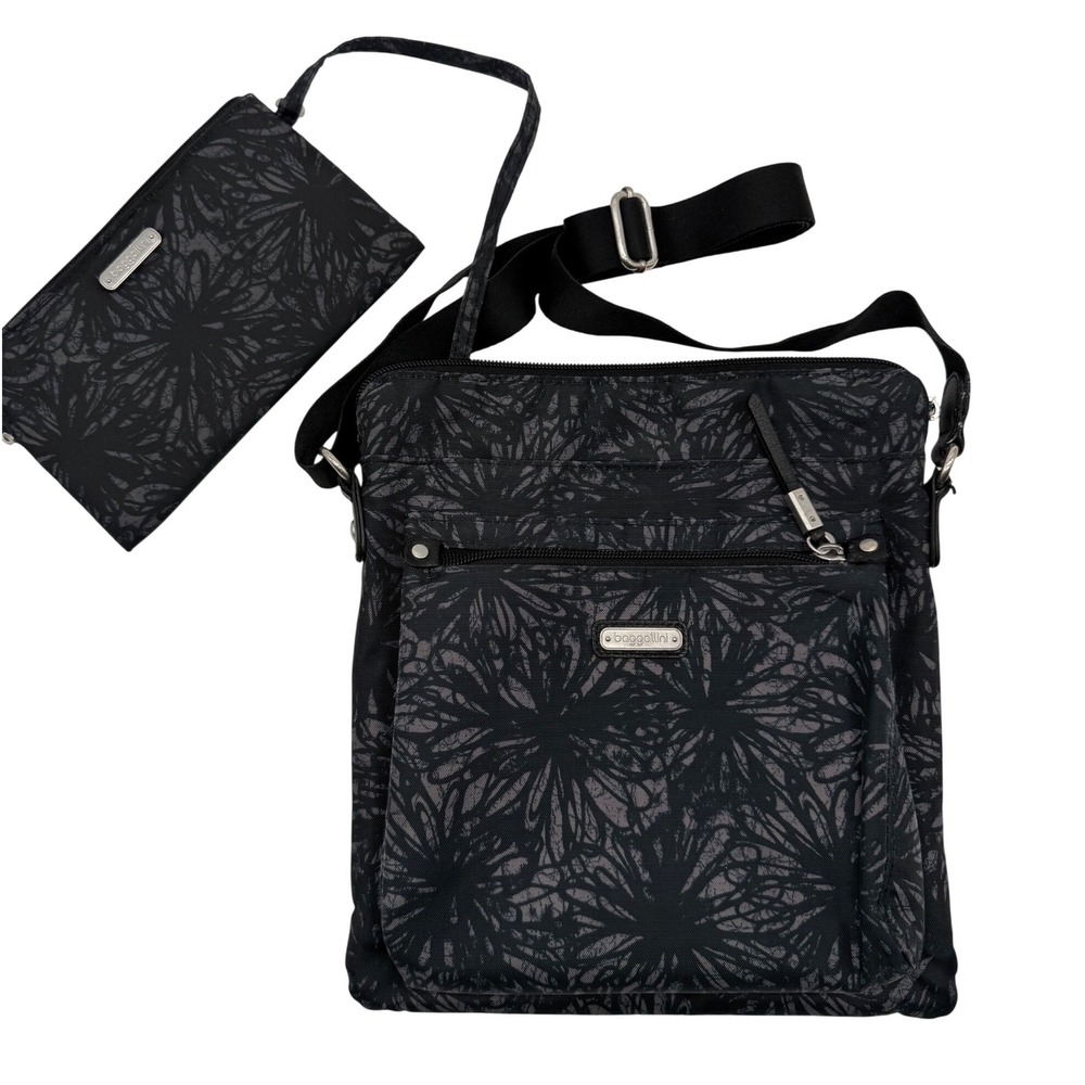 Baggallini Crossbody Bag and Wristlet Set Black Grey Floral Sunburst Nylon